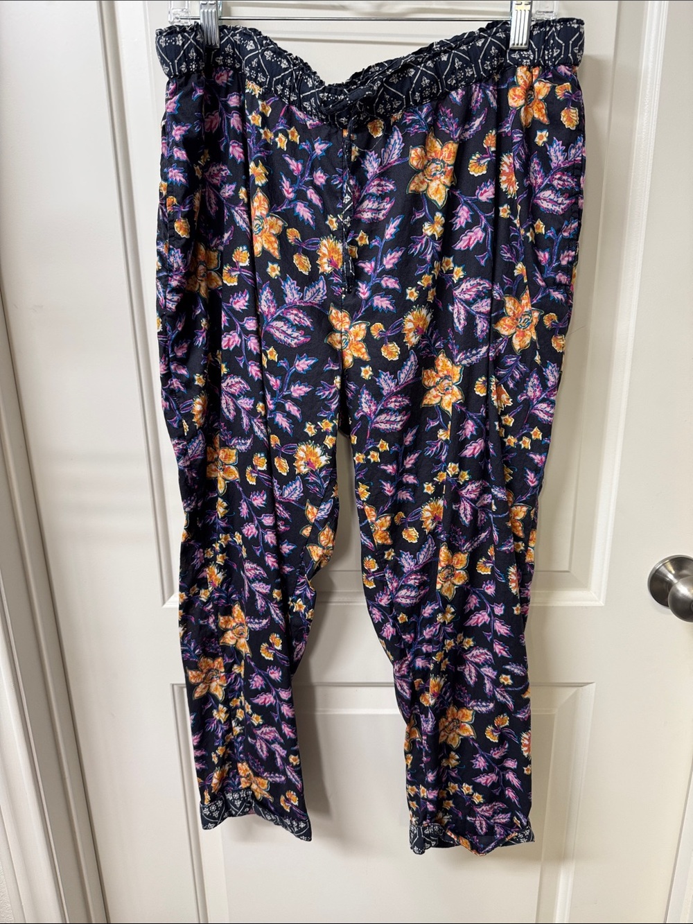 Sundance Black  Pants with Purple Leaves & Yellow Floral Print